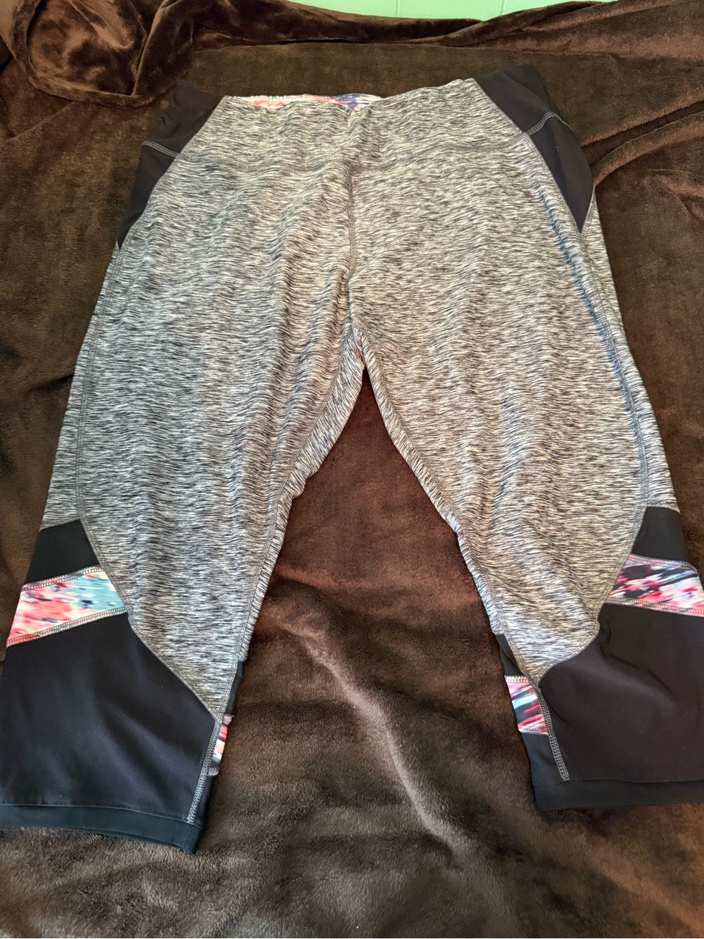 RBX Grey Heather Capri Leggings with Pink & Blue Accent Panels